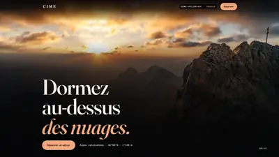 Page d&rsquo;accueil de la d&eacute;mo CIME&nbsp;: &laquo;&nbsp;Dormez au-dessus des nuages&nbsp;&raquo; sur un sommet au couchant.