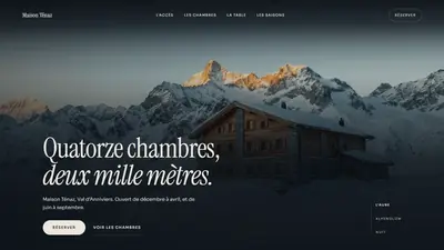 Page d&rsquo;accueil de la d&eacute;mo Maison T&eacute;naz&nbsp;: &laquo;&nbsp;Quatorze chambres, deux mille m&egrave;tres.&nbsp;&raquo; sous des sommets enneig&eacute;s.